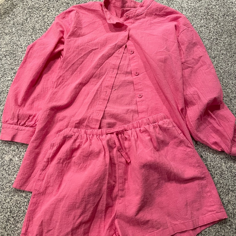 Pink Button-Up Shirt and Shorts Set